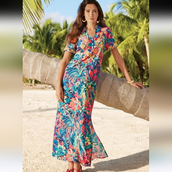 Soft Surroundings Florence Tropicana Multi-Color Embellished Dress Small Resort - Picture 1 of 13